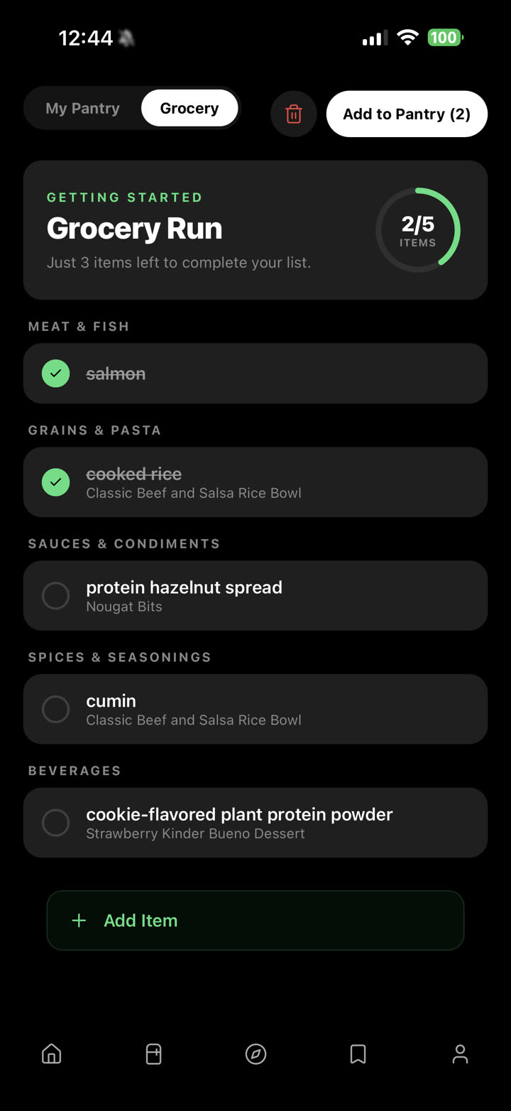 The grocery list, grouped into meat and fish, grains and pasta, sauces and condiments, spices and beverages