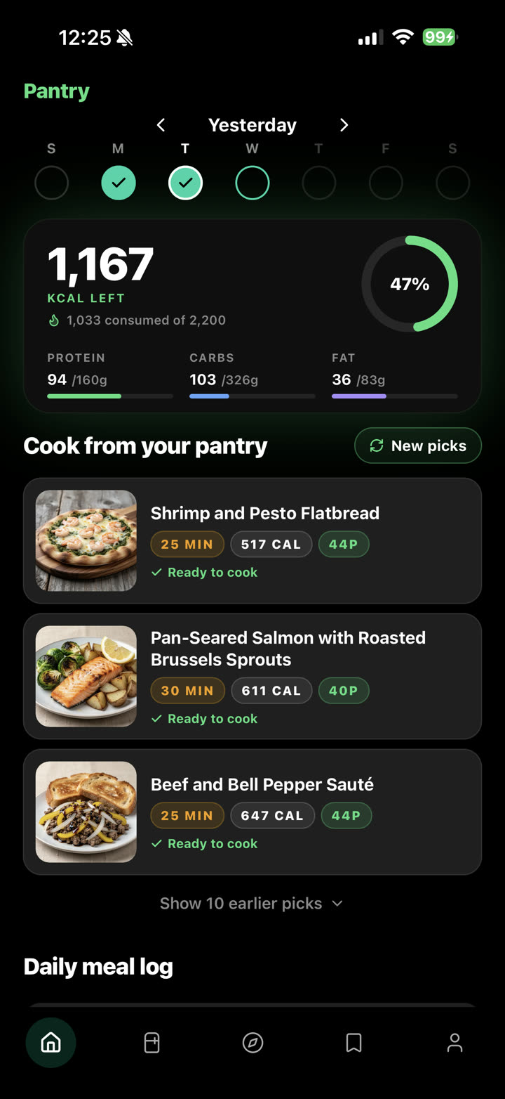 The home screen: calories and macros left today, and a Cook from your pantry list of meals